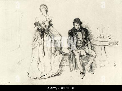 Die Bildunterschrift von 1901 lautet: „Das ist der Schmuck, den du mir je gegeben hast.“ Er stammt aus George Eliots Middlemarch und wird von der Figur Rosamond Vincy gesprochen, der elegantesten Figur des Romans. Middlemarch, ein Roman von George Eliot (Pseudonym von Mary Ann Evans), erschien 1871–72 in acht Teilen und 1872 in vier Bänden. Es gilt als Eliots Meisterwerk. Eliot war ein englischer Schriftsteller, Dichter, Journalist, Übersetzer und einer der führenden Schriftsteller der viktorianischen Ära. Stockfoto