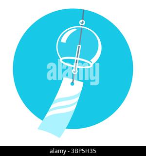 Furin, traditionelles japanisches Windspiel. Transparente Glasglocke auf blauem Himmel Hintergrund. Einfache, minimale Vektordarstellung. Stock Vektor