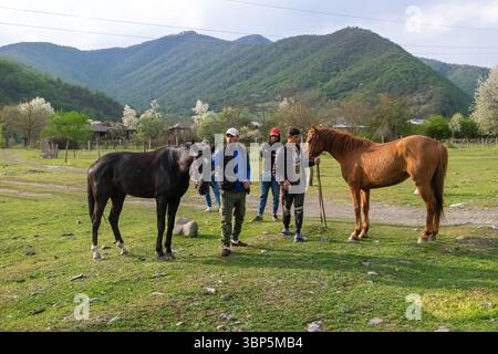 Traditional Rural Farming Scene in Pankisi Gorge, Georgia. Stockfoto