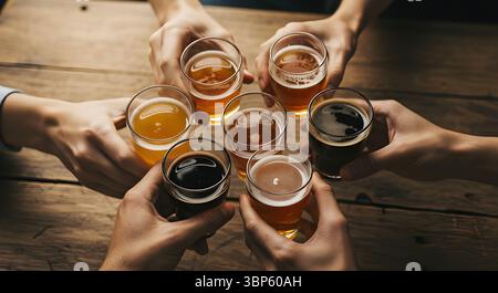 Freunde, die mit Craft Beer toasten: Verschiedene Biersorten, Cheers! Stockfoto