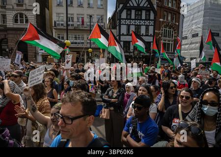 LONDON, 04.07.2025: Pro-palästinensische Aktivisten protestieren vor den Königlichen Justizgerichten, als ein Richter eine Anfechtung gegen das Verbot von Palestin hört Stockfoto