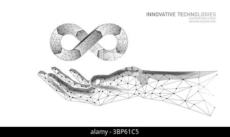 Infinity-Loop über Hand-Konzept. Digitale Innovation mit niedrigem Poly-Dauerzyklus. Fortschritte bei der Entwicklung von Unternehmenstechnologie und Wissenschaft. Weißer Hintergrund Stock Vektor