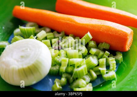 Frisch geschnittenes Gemüse auf blauem Hintergrund in einer grünen Schüssel: Eine ganze, geschälte Karotte, gehackte Selleriestängel und eine halbe Zwiebel. Stockfoto
