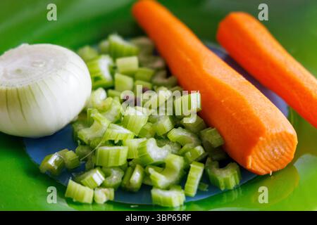 Frisch geschnittenes Gemüse auf blauem Hintergrund in einer grünen Schüssel: Eine ganze, geschälte Karotte, gehackte Selleriestängel und eine halbe Zwiebel. Stockfoto