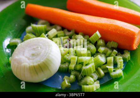 Frisches, gehacktes Gemüse auf grüner Oberfläche: Große Karotte, gehackte Selleriehalme und halbe Zwiebeln. Stockfoto