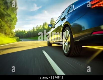Flacher Seitenblick auf das Auto, das bei Sonnenuntergang auf der Autobahn rauscht Stockfoto