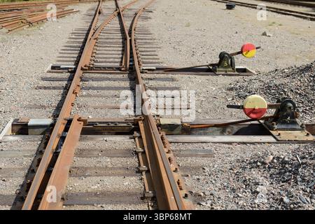 Zwei Bahnschalter, bei einer Schmalspurbahn Stockfoto