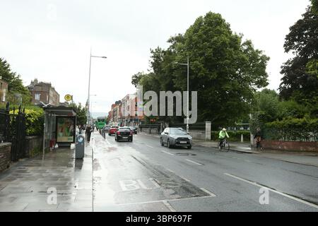 Dublin, Irland - 06. Juni 2025 - Lmage der Rathmines Road Lower, wenn Autos an einer Bushaltestelle vorbeifahren, an einem nassen Nachmittag Stockfoto