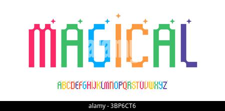 Rainbow Pixel Alphabet, bunte geometrische Schriftart, fröhliche magische Schriftart für Kinder Fantasy-Logo, digitale Feen-Überschrift, verspielte Spielzeug-Typografie, hell Stock Vektor
