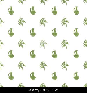 Kanne mit Öl und Olivenzweig mit Reifen Früchten. Nahtloses Muster. Vektorabbildung. Stock Vektor