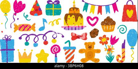 Geburtstagsfeier Bleistiftzeichnung. Buntstift handgezeichnete Geschenkbox, Girlande, Ballons, Geburtstagskuchen. Isolierte Süßigkeiten und Muffins, Desserts, neoterische Vektorset Stock Vektor