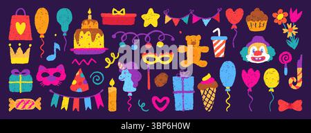Geburtstagskalat gezeichnete Elemente. Clowngesicht, Karnevalsmasken, süße Desserts und festliche Girlanden. Partyballons, Kuchen mit Kerze, Geschenke, Neoteric Stock Vektor