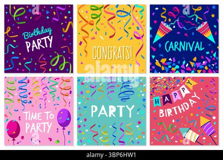 Karten Einladung. Dekorierte Plakate oder Karten mit farbenfrohen geometrischen Konfetti aktuelle Vektordruck-Designvorlagen Stock Vektor