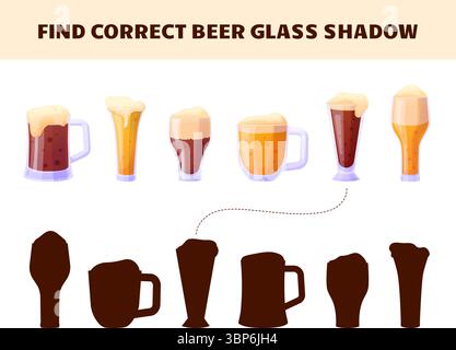 Unterhaltungsspiel für Erwachsene: Finden Sie den richtigen Schatten aus Bierglas. Bar- oder Pub-Spielvorlage mit Zeichentrickgetränken, Oktoberfest-Party-Witz, Vektorvorlage Stock Vektor