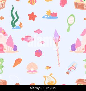 Niedliche Elemente, Fische, Schätze, Unterwasser-Prinzessinnen-Schloss mit Muscheln. Cartoon Märchen nahtloses Muster, Meerjungfrau Elemente Vektor Hintergrund Stock Vektor