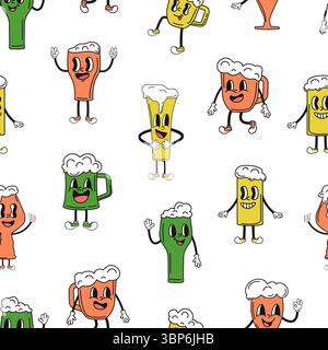 Groovige Biergläser. Comicglas mit Getränken mit Schaum. Kreaturen im Retro-Stil. Oktoberfest nahtlose Mustervorlage, Vektorhintergrund Stock Vektor