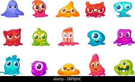 Schleimige Comic-Monster. Lustige Jelly Aliens verschiedene Emotionen. Flüssige fantastische Kreaturen, buntes Monster. Kindermaskottchen heutzutage Vektorset Stock Vektor