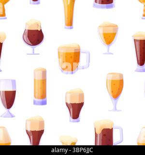 Nahtloses Biermuster. Verschiedene Cartoon-Biergläser. Leckeres Getränk, oktoberfest-Design. Dunkle Lichtgetränke, Pub-Getränke für Erwachsene, Vektor Stock Vektor
