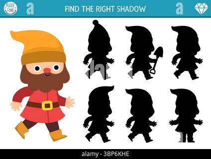 Schattenpassende Aktivität mit niedlichem Zwerg. Märchenhaftes Puzzle mit Zwerg. Finde das richtige Arbeitsblatt oder Spiel für die Silhouette. Magic Forest Seite für Kinder Stock Vektor