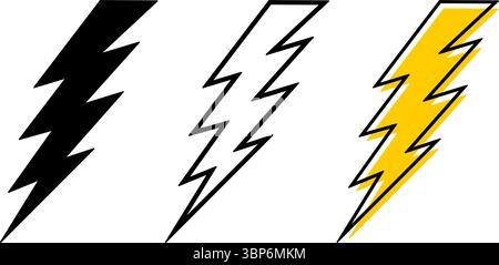 Satz von Bolzensymbolen. Donner Schilder isoliert auf weißem Hintergrund. Symbole für Taschenlampe, Energie, Strom oder Akkuladung. Gefahrenpiktogramme, elektrische oder Gefahrenpiktogramme. Vektorgrafik. Stock Vektor