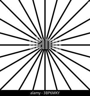Gerade radiale Linien. Schwarze Sonnenstrahlen isoliert auf weißem Hintergrund. Sonnenschein-, Sonnenlicht- oder Sonnenschein-Zeichen. Symbol für Strahlkraft, Explosion oder Feuerwerk. Vektorgrafik. Stock Vektor
