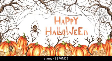 Kürbisse orange, schmelzende Kerzen, Spinnweben, Spinnen und trockene Zweige Aquarellbilder. Handgezeichnet zum Thema Halloween. Von hinten isoliert Stockfoto
