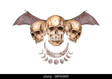 Menschliche Schädel mit Fledermausflügeln und Mondphasen Aquarellbilder. Knochen gruselig, schrecklich. Tag der Toten, Halloween, Dia de los muertos. Isoliert Stockfoto