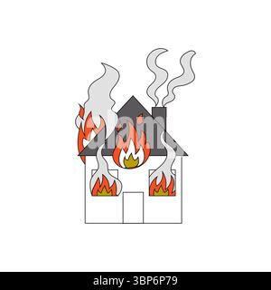 Brennende Hauskatastrophe. Vektor in der Luft. Rauchende Szene. Symbol für Feuernotfälle. Stock Vektor
