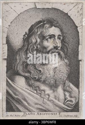 Gravur der Büste von Platon in einer Nische von Lucas Vorsterman I. nach Peter Paul Rubens, um 1620. Stockfoto