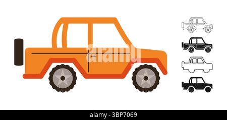 Auto Jeep Symbol Zeichentrickset. Handgezeichnetes süßes Auto-suv-Auto in verschiedenen Stilen farbige Silhouette Outline Kollektion. Einfache Kinder lustige Auto-LKW-Transport-Icon-Vektor-Illustration Stock Vektor