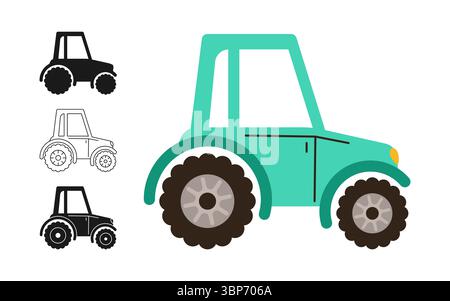 Zeichentrickset für Traktorsymbole. Handgezeichnetes Retro-Auto für Bauern oder Bauarbeiter in verschiedenen Stilen, farbige Silhouette Outline Kollektion. Einfache lustige Auto Transport Comic Icon Vektor Illustration Stock Vektor
