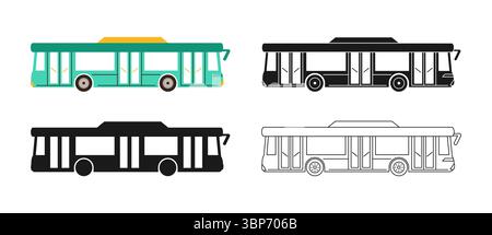 Zeichentrickserie mit dem Symbol Bus. Handgezeichneter großer Bus in verschiedenen Stilen, Farben, Silhouette, umrissenen Automobilkollektion. Einfache Kinder lustige Stadt Auto Transport, Schule Bus Icon Vektor Illustration Stock Vektor