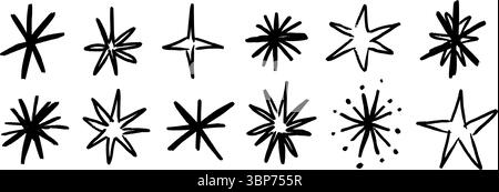 Schwarzer Buntstift handgezeichnete Sterne gesetzt. Niedliche, kindliche Kollektion mit funkelnden Funken und Funkeln. Grinsen-Pinselstrich Grinsen-Element-Pack für Collage, Pos. Stock Vektor
