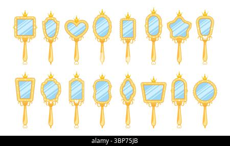 Prinzessin Spiegel. Set mit niedlichen Vintage-Elementen zur Dekoration der Geburtstagsparty. Hand gezeichnete Vektor-Illustration im Cartoon-Stil Stock Vektor