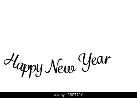 Schwarzer kursiver Text „Happy New Year“ erscheint auf flachem weißem Hintergrund, Kopierraum Stockfoto