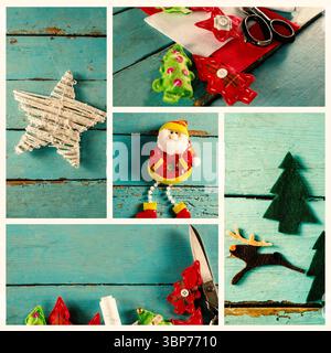 Handgefertigte Weihnachtswerkskunst liegt in flacher Lage auf türkisfarbenem Holz, mit Zweigstern und Plüschmann Stockfoto