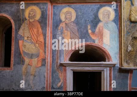 Türkei: Fresken des heiligen und der Heiligen in der Parekklesion (Seitenkapelle), Kirche des Heiligen Erlösers in Chora (Kariye-Moschee), ursprünglich eine orthodoxe christliche Kirche in Istanbul. Die Kirche Chora wurde ursprünglich Anfang des 4. Jahrhunderts erbaut und stand außerhalb der Stadtmauern von Konstantinopel. Die wunderschönen Mosaiken und Fresken stammen aus dem frühen 14. Jahrhundert und wurden von dem mächtigen byzantinischen griechischen Staatsmann Theodore Metochites geschaffen. Stockfoto
