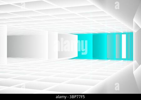 In minimalistischem 3D-Korridor mit Rastermuster erscheinen vertikale, türkisfarbene Paneele Stockfoto