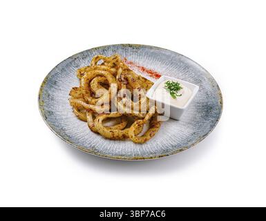 Speisen, frittierte Calamari-Ringe mit Kräutern und Gewürzen, serviert auf einem modernen Teller mit weißer Dippsoße Stockfoto