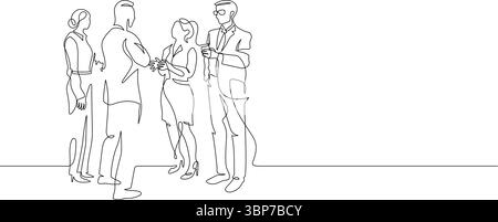 Gruppe von Personen, die sich unterhalten und sich mit der Geschäftswelt treffen, eine Linie, die kontinuierlich zeichnet. Dünne Illustrationskontur von Netzwerk- und Besprechungsgruppe han Stock Vektor