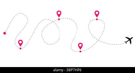 Flugstrecken-Linien-Set mit Flugzeugpfadabbildungen mit gestrichelten Trackingpfaden und gepunkteten Navigationskurven für Luftfahrt-Karten und Stock Vektor