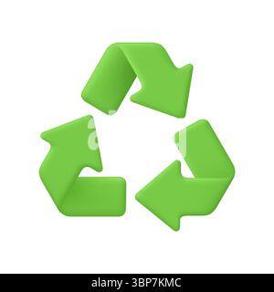 Grünes Recycling-Symbol, drei gekrümmte Pfeile in einem Dreieck. Ökologie, Recycling, Null Abfall, Nachhaltigkeit und umweltfreundliches Konzept. Symbol für 3D-Vektor. Stock Vektor