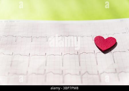 Nahaufnahme eines Elektrokardiogramms in Papierform mit rotem Holzherz. EKG- oder EKG-Papier-Hintergrundstruktur. Medizin- und Gesundheitskonzept Stockfoto