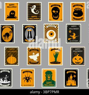 Halloween nahtloses Muster alte Briefmarken Vintage Stock Vektor