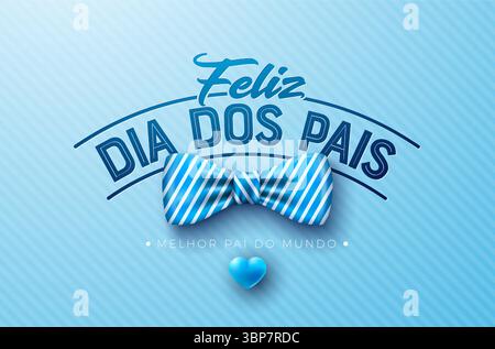 Happy Vatertag Grußkarte Design mit blauem Herz, Fliege und Typografie Schriftzug auf hellblauem Hintergrund. Feliz Dia dos Pais Portugiesisch Stock Vektor
