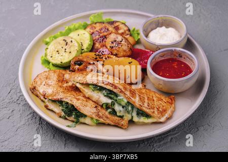 Essen, Hühnerfilet gefüllt mit Algen und Gemüse Stockfoto