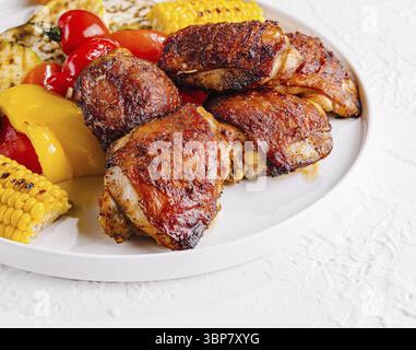 Speisen, saftige gegrillte Hähnchenschenkel neben geröstetem Mais, Paprika, Tomaten und Auberginen auf einem weißen Teller Stockfoto