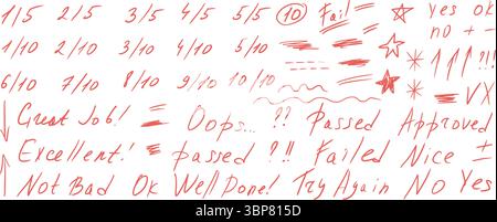 Prüfungsstufe 5 und 10 Punkte Bewertungssystem markiert Doodle Style Set. Schultest Ergebnisse handgezeichnete Singen. Lehrer-Scores von Schüleraufgaben. Vektor h Stock Vektor