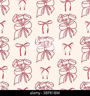 Nahtloses Muster für die Coquette-Hochzeitsfeier. Bräute Blumenstrauß und Bögen endloser Hintergrund. Mädchenweihnachtlicher Cover. Der ununterbrochene Orname der Hochzeit Stock Vektor