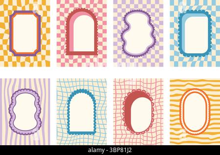 Funky-Retro-Bogen und geometrische Rahmen mit groovigem Schachbretthintergrund. Set aus lustigen Vintage-Farben mit Muschelrand. Textfelder oval, rechtwinklig Stock Vektor